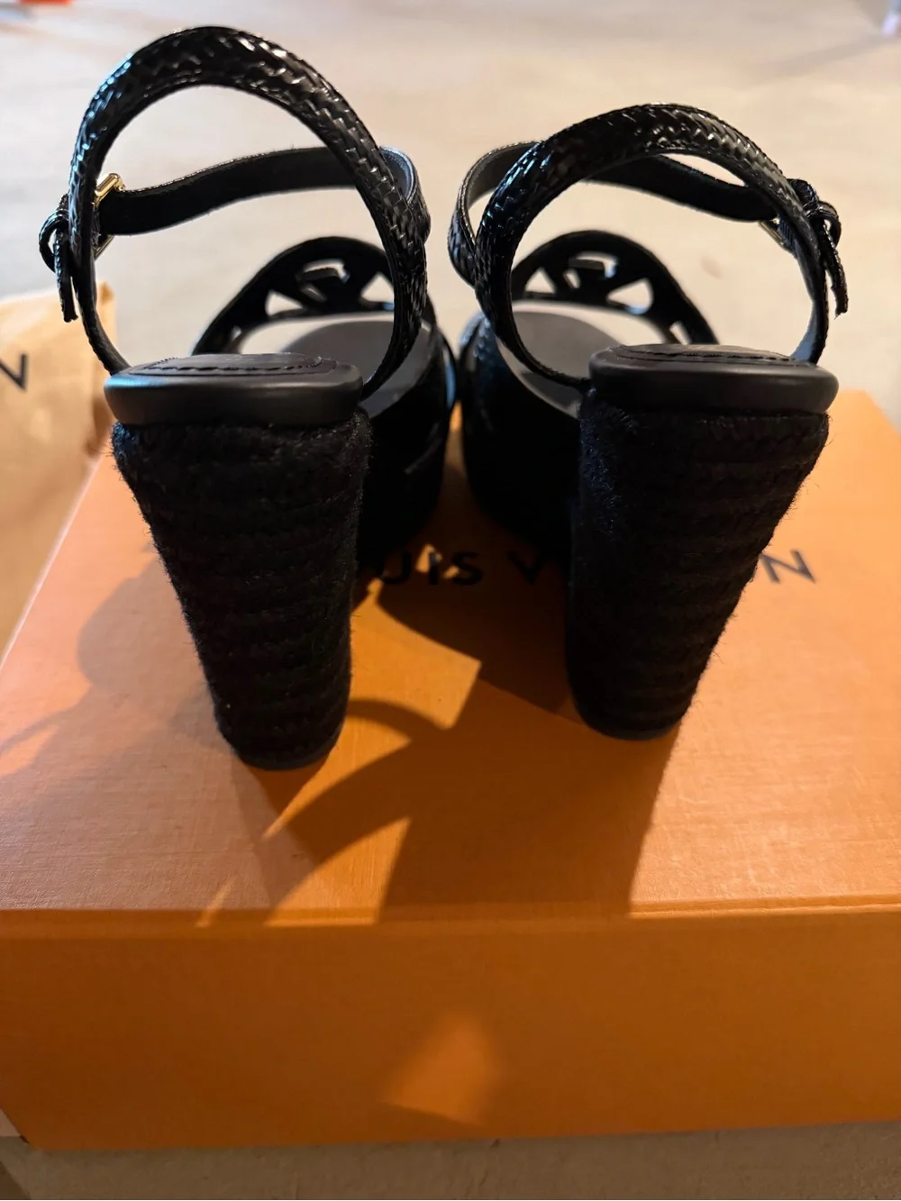 Louis Vuitton Black Woven LV Logo Ankle-Strap Wedge Sandals